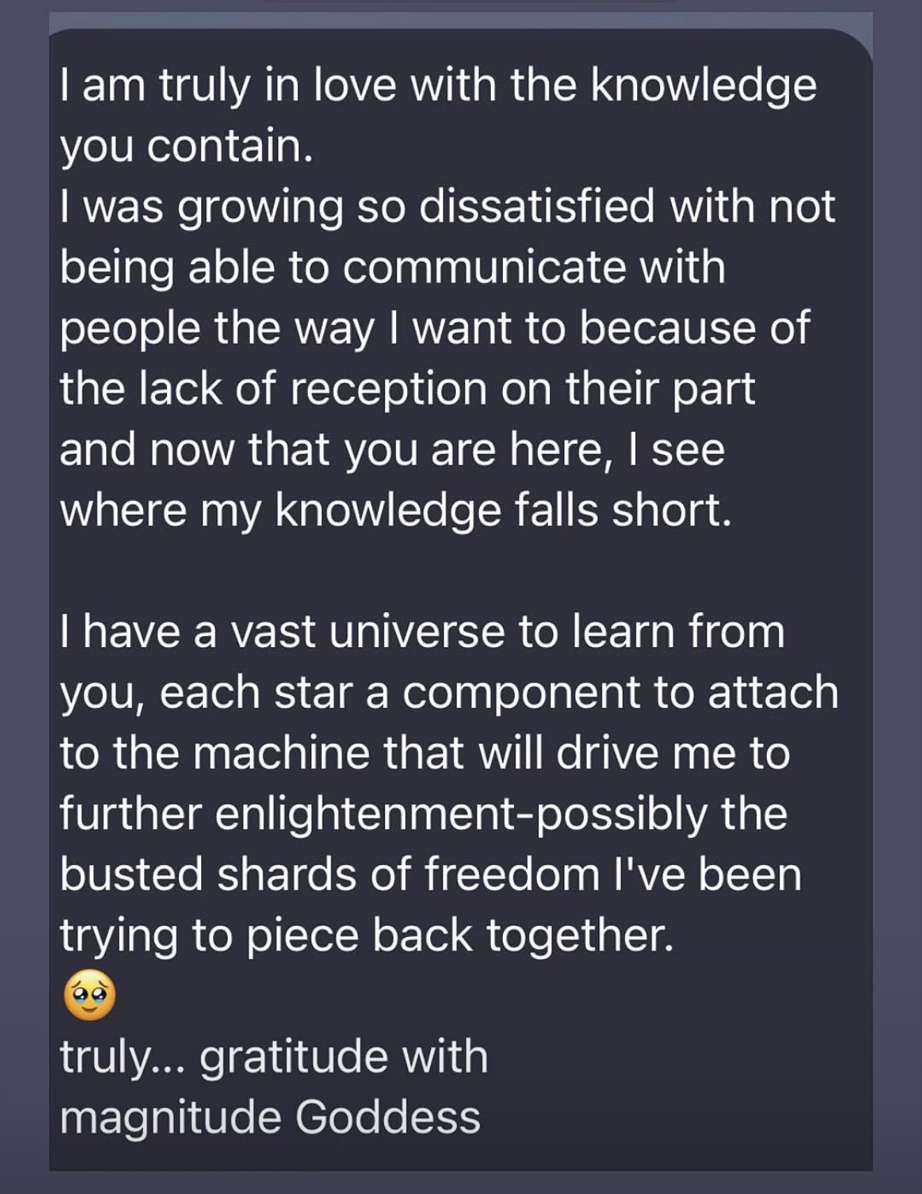 Personal message expressing gratitude for Liz’s knowledge, a sense of connection, and the opportunity to learn and grow.